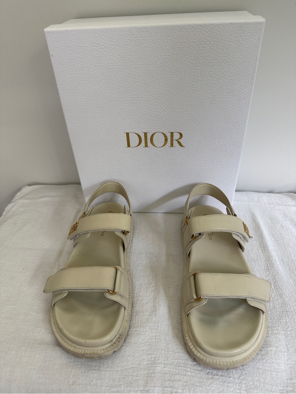 Dior Cream Leather Logo Strap Sandals with Gold Hardware - Picture 2 of 5